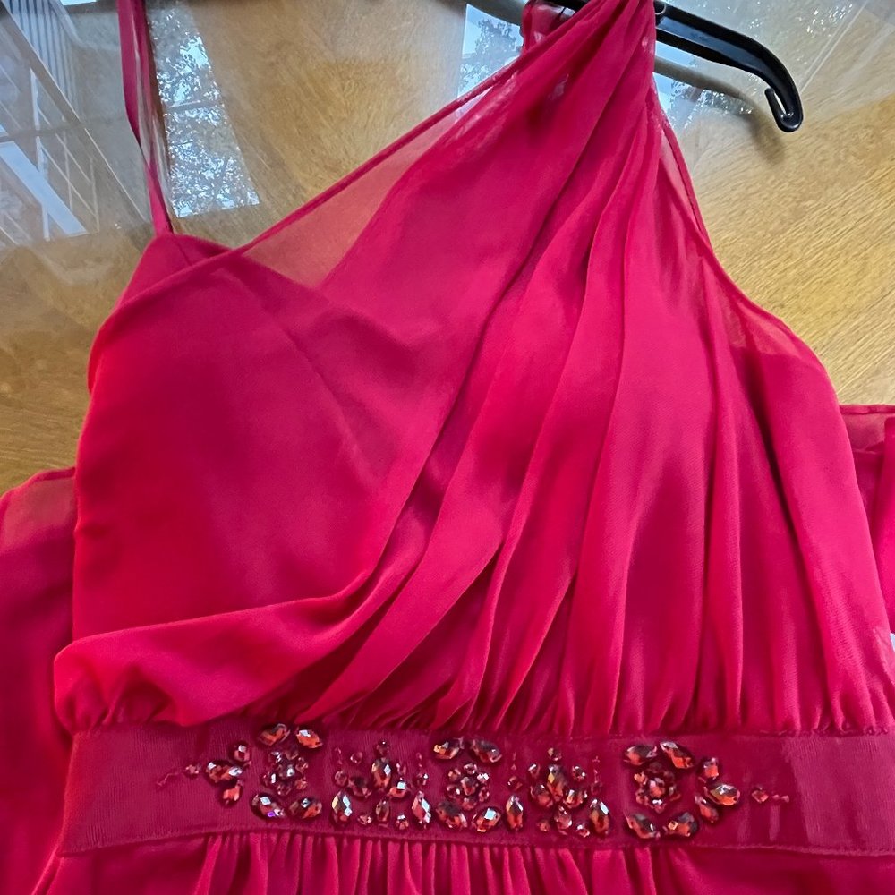 NWT Adrianna Papell One Shoulder Cherry Red Stretch Tule Cocktail or Dance Dress
